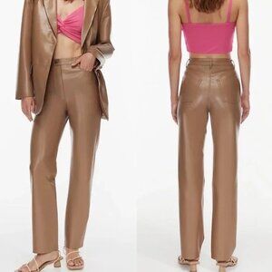 Aritzia Wilfred Melina Tan Brown Faux Leather Vegan Straight Leg Pants size 6
